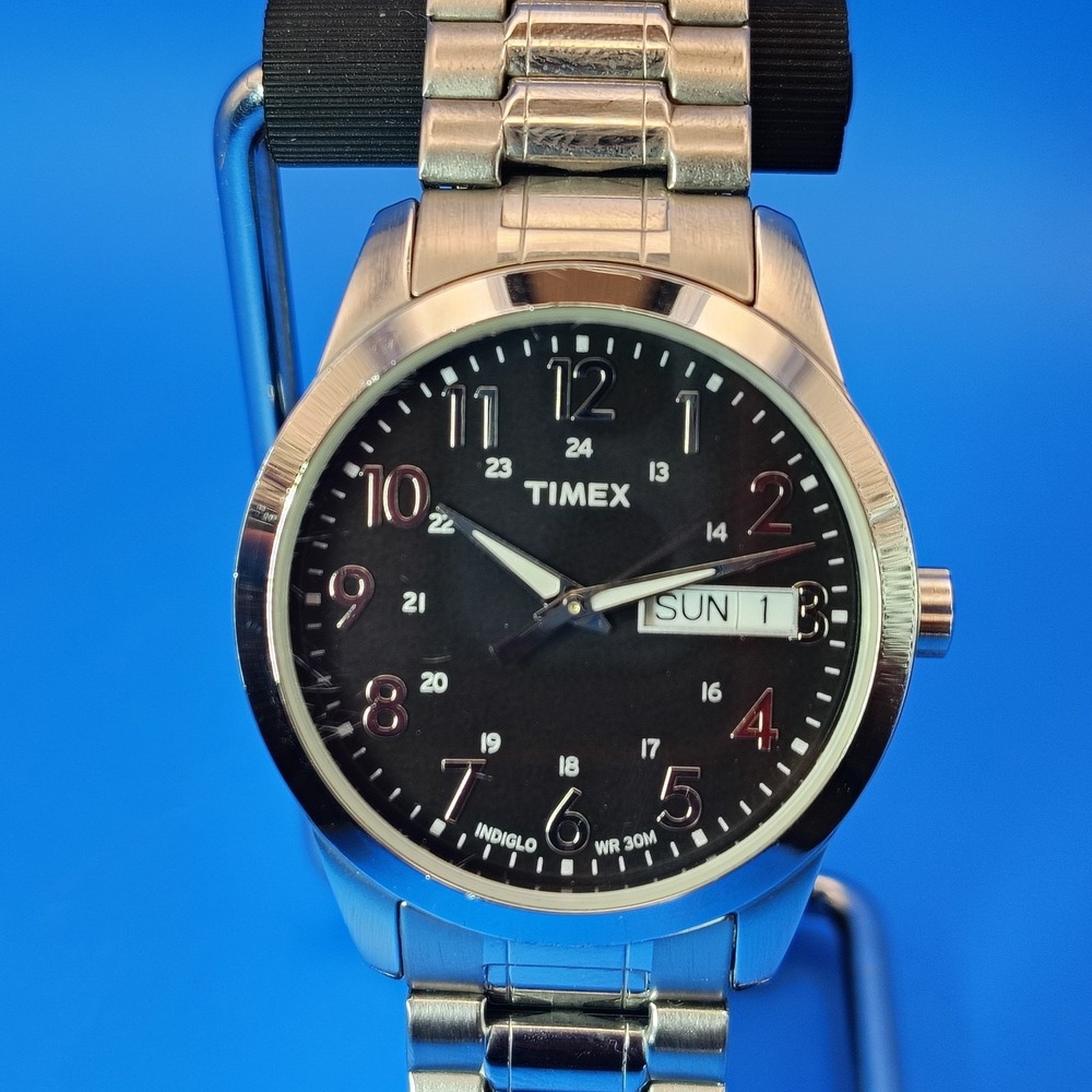 2018 Timex Mens Day-Date Black Dial Quartz Watch‎ Stainless Steel Fully Restored